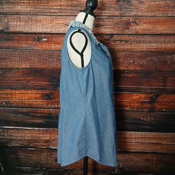 Pendleton Tank Top L Crochet Collar Blue Chambray Denim Button Front 100% Cotton - Picture 7 of 10